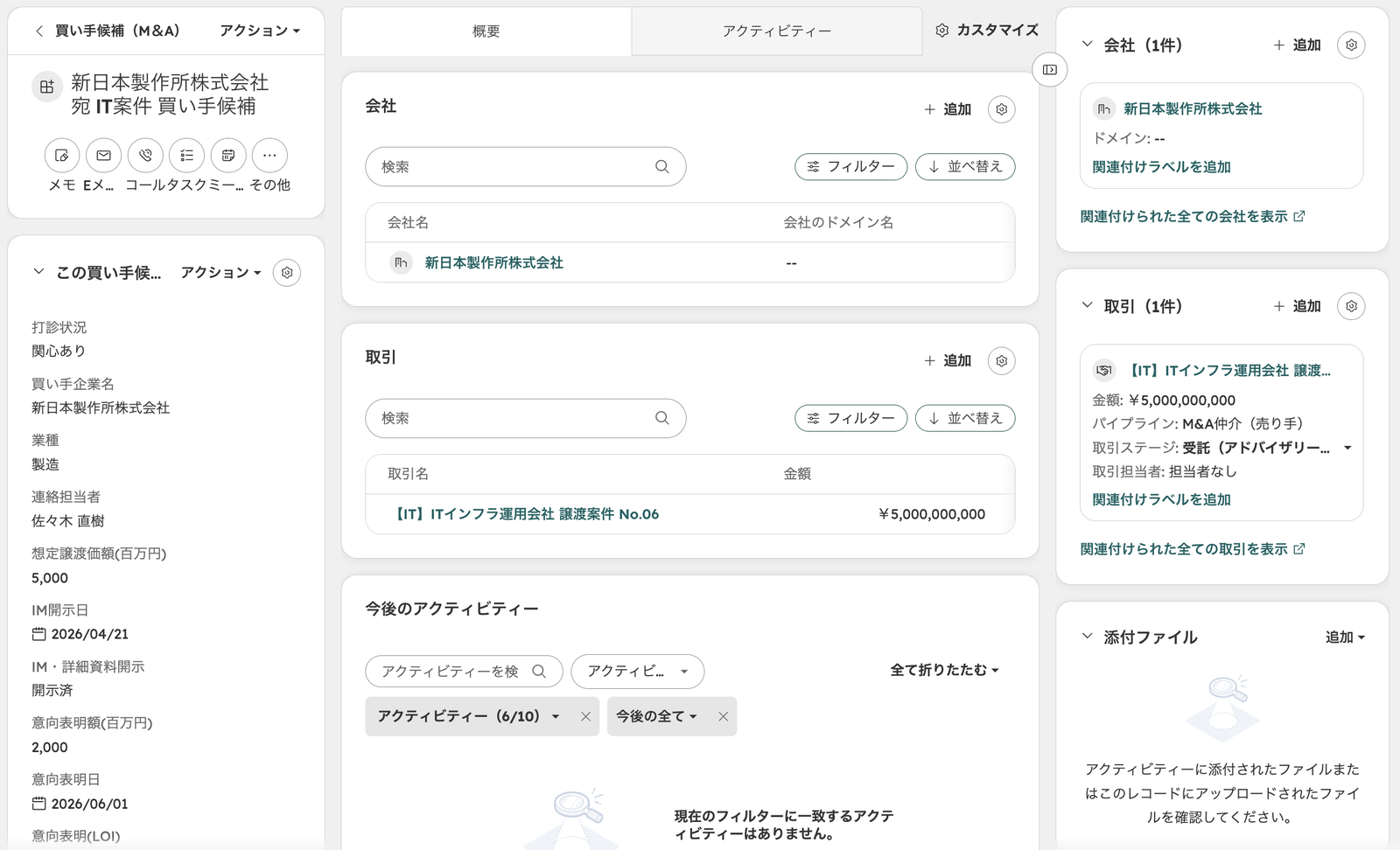 買い手候補のレコード。打診状況、買い手企業名、業種、連絡担当者、想定譲渡価額、IM開示日、IM・詳細資料開示、意向表明額、意向表明日が並び、右側に関連する会社と取引が表示されている