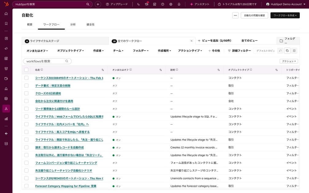 HubSpotワークフロー自動化画面