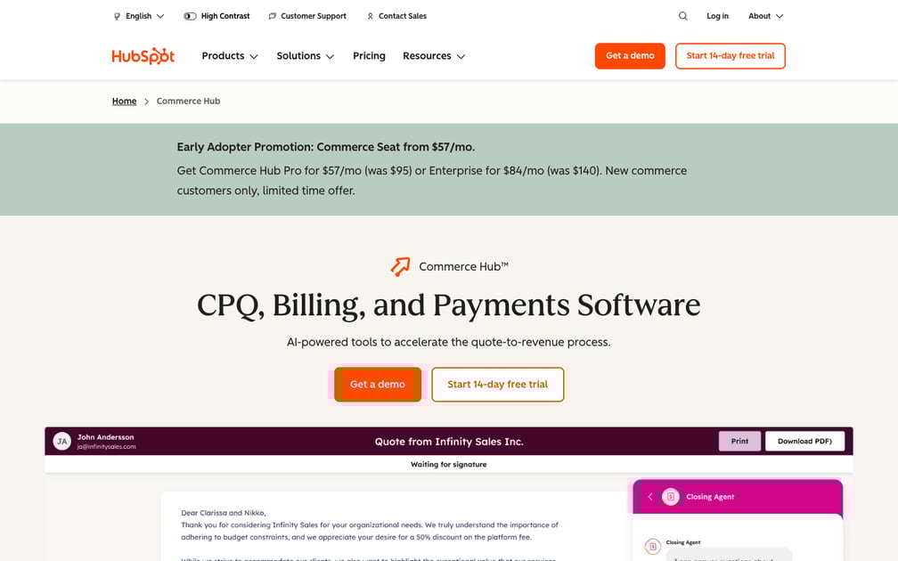 HubSpot Commerce Hub画面