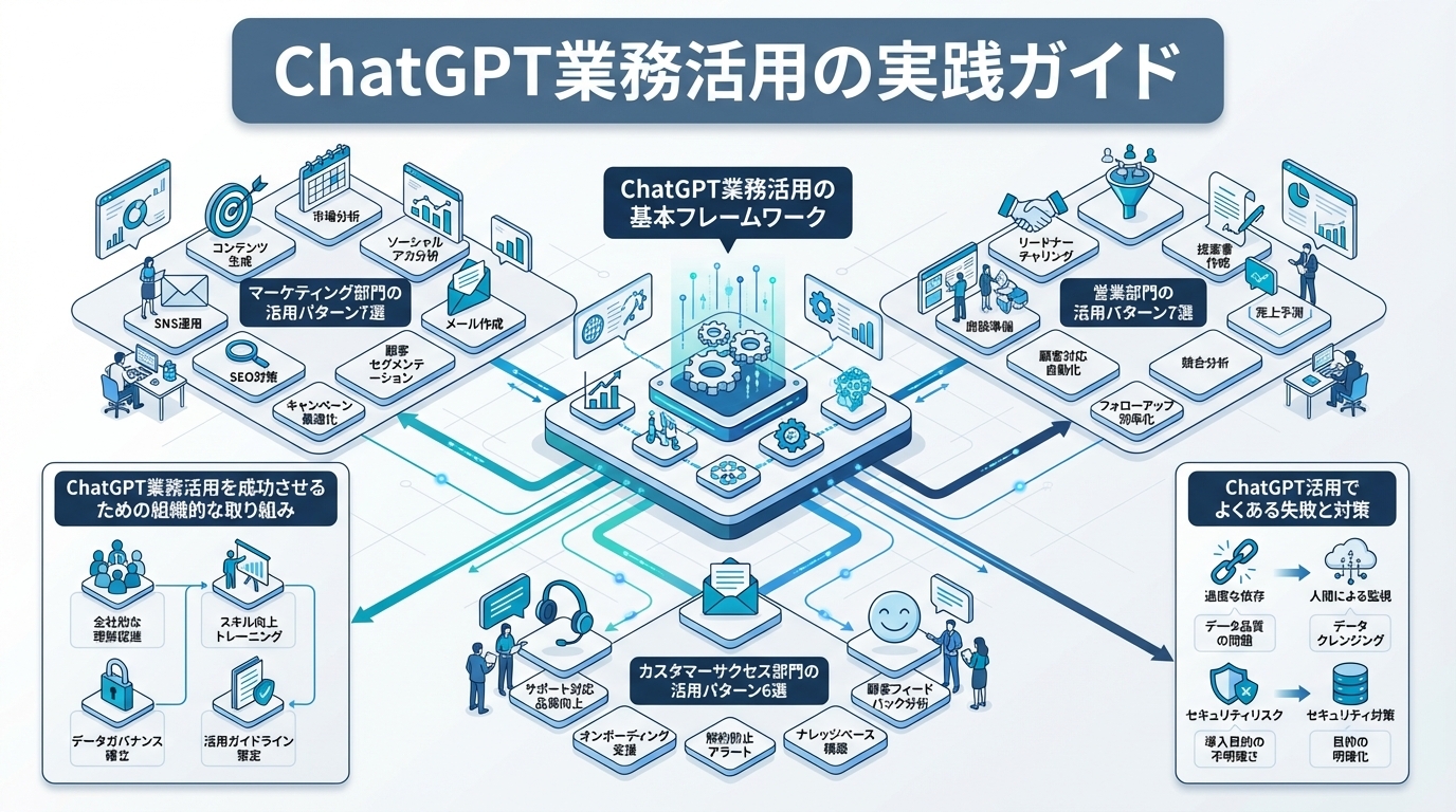 ChatGPT業務活用の実践ガイド｜マーケ・営業・CSの部門別活用パターン20選