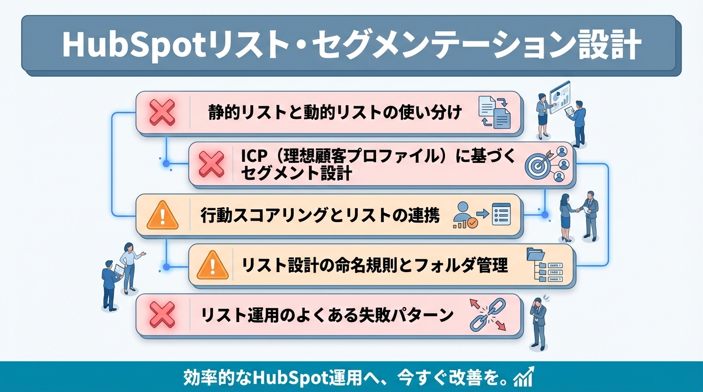 HubSpotリスト・セグメンテーション設計｜静的/動的リスト・ICP定義・行動スコア活用