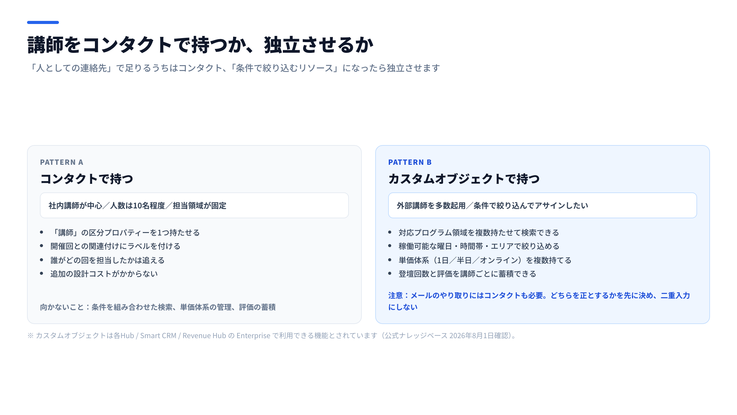 講師の持ち方の比較図。コンタクトで持つ場合とカスタムオブジェクトで持つ場合の適用条件・できること・注意点を並べた比較図