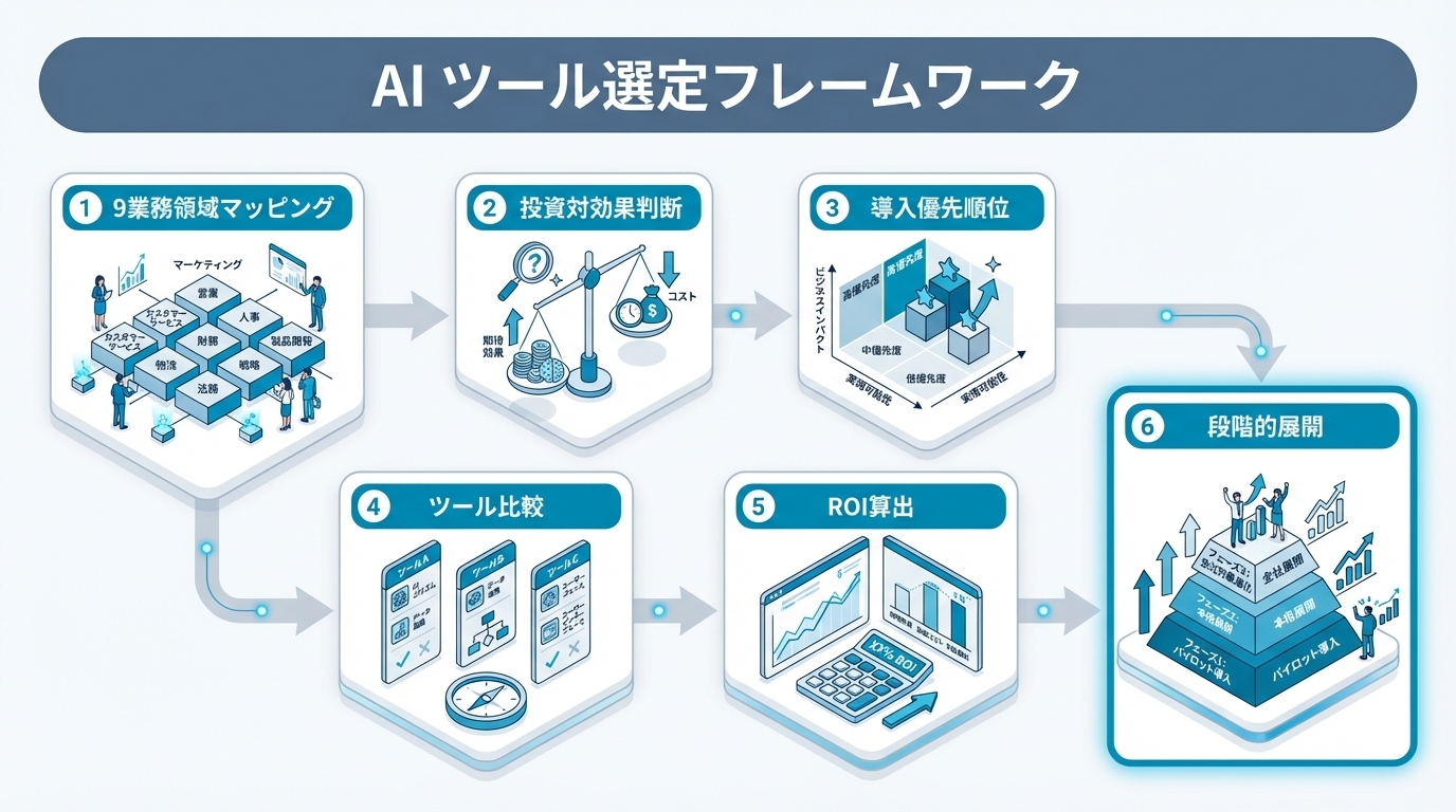 AIツール選定フレームワーク｜9つの業務領域×ツールマッピングで投資対効果を最大化