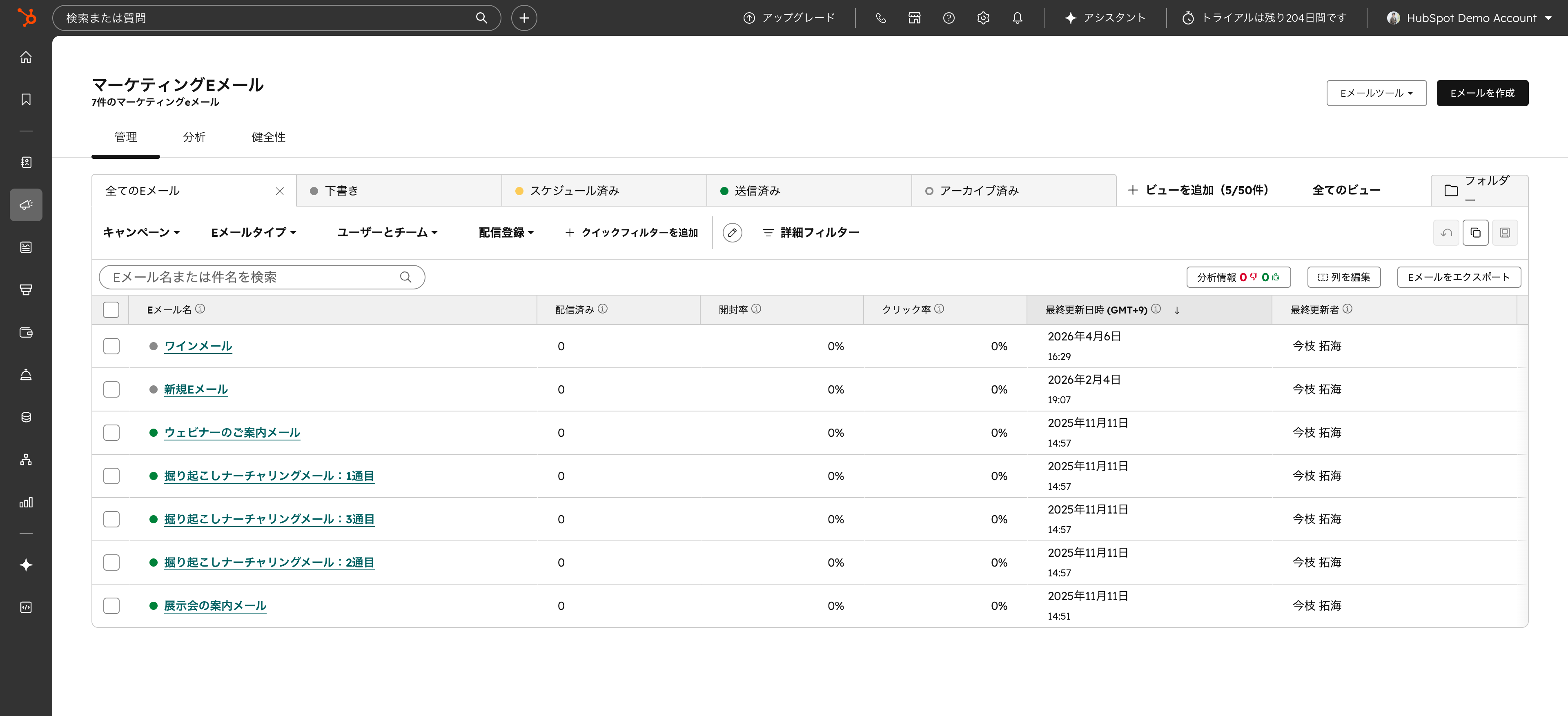 HubSpot Marketing Hubメール一覧画面