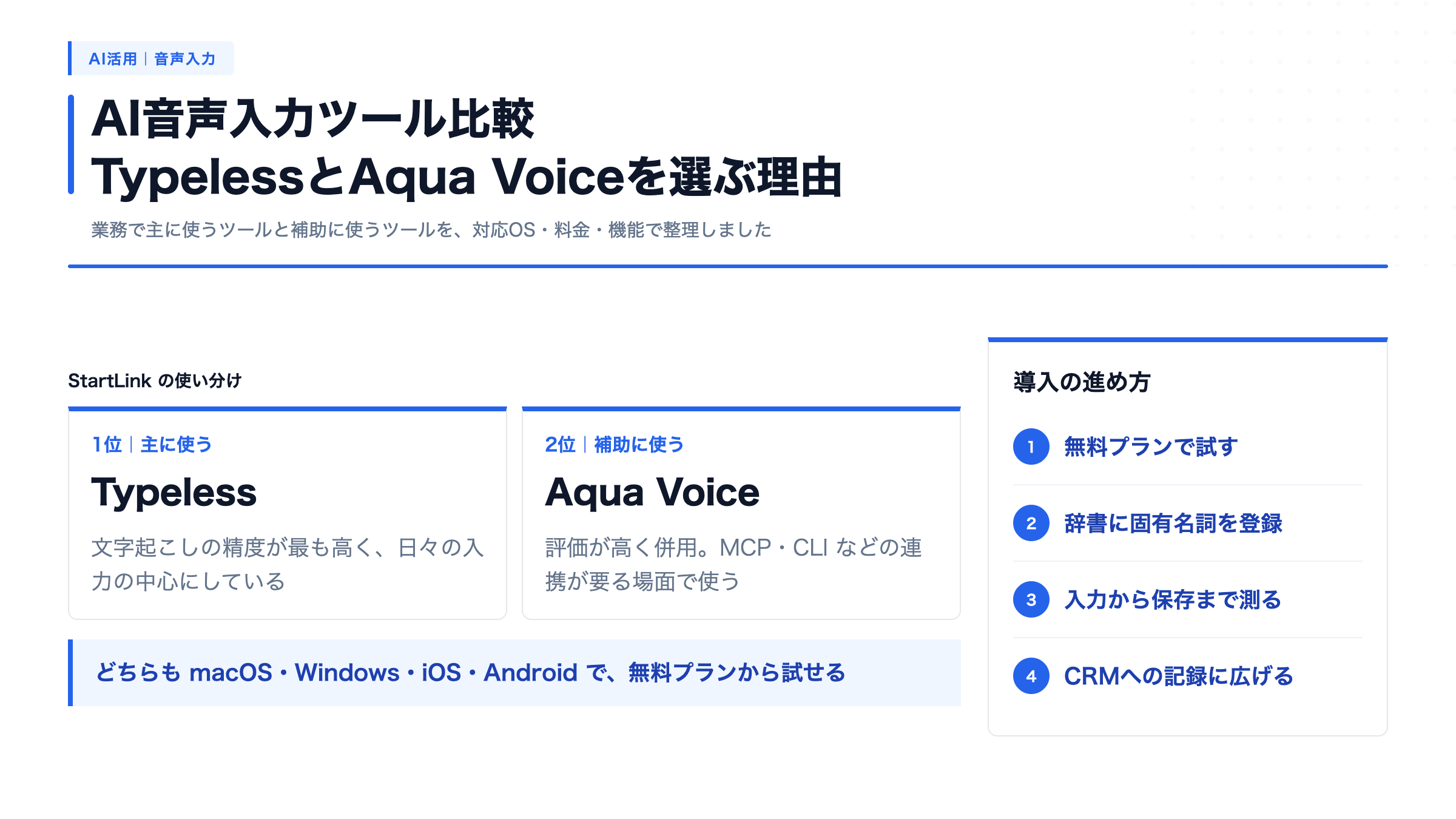 AI音声入力ツール比較｜TypelessとAqua Voiceをおすすめする理由と料金