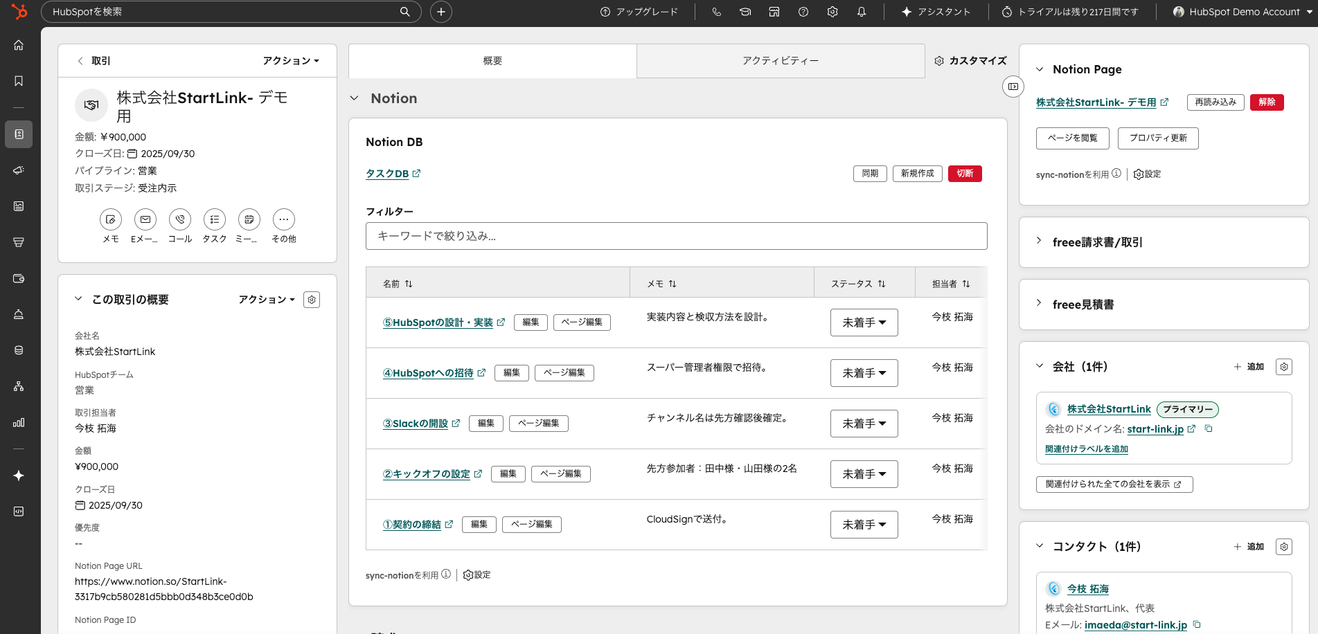 HubSpotの取引レコードに表示されたNotionカード。Notionデータベースのタスクが名前・メモ・ステータス・担当者の列で一覧表示されている