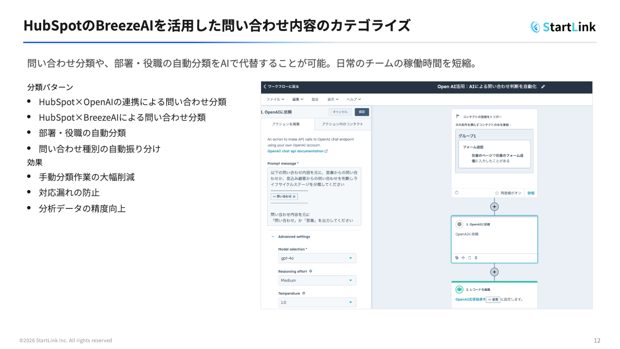 CRMのワークフローからLLMを呼び出し、問い合わせ内容を「問い合わせ」「営業」に自動分類している設定画面