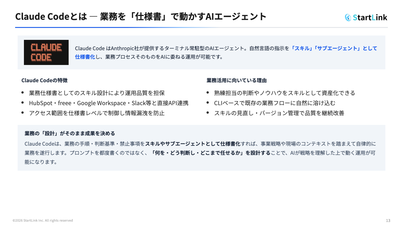 Claude Codeの位置づけ——ターミナル常駐型のAIエージェントとして、自然言語の指示を「スキル」「サブエージェント」として仕様書化し、業務プロセスごとAIに委ねる運用ができる