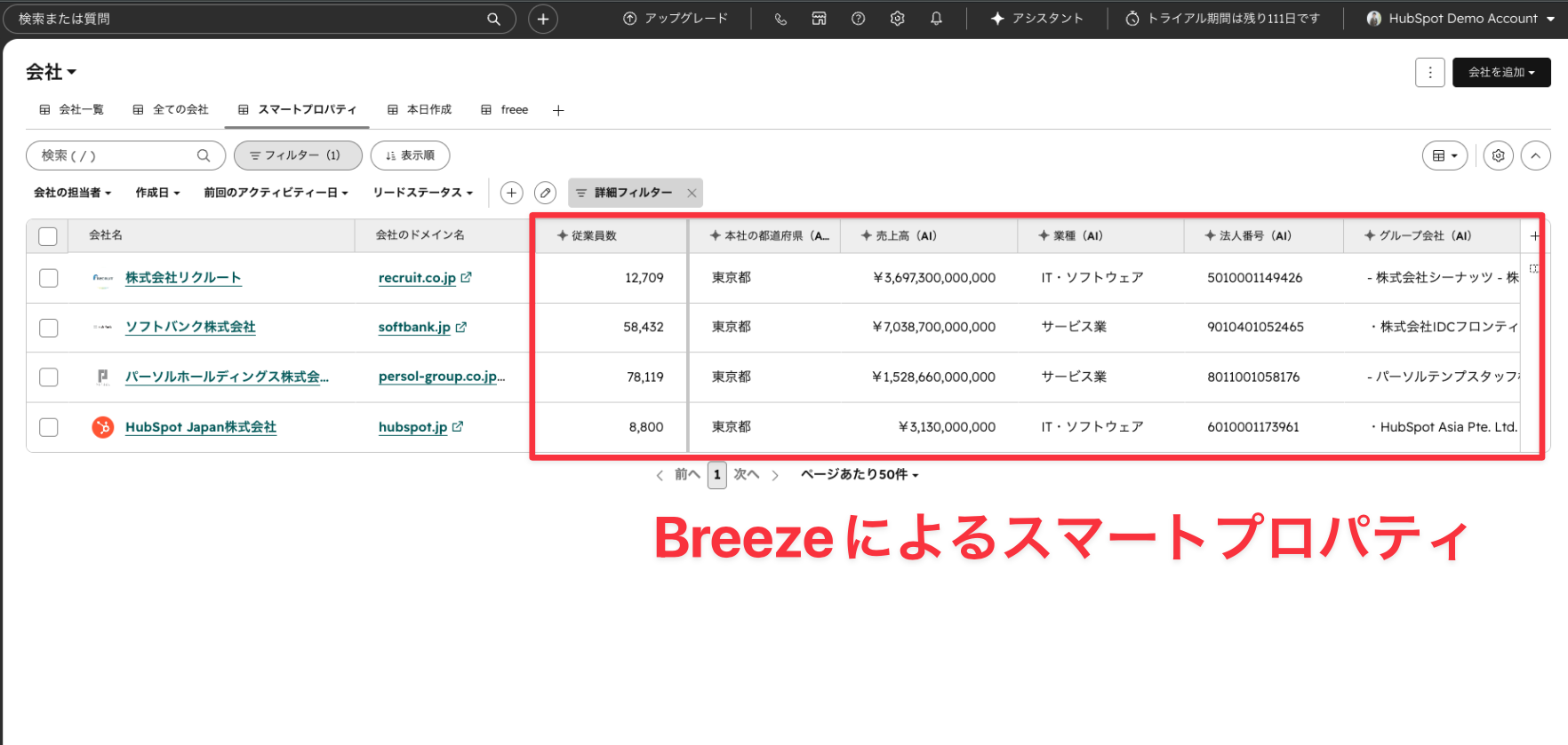 HubSpotのスマートプロパティが会社一覧の従業員数・売上高・業種・法人番号を自動で埋めた状態