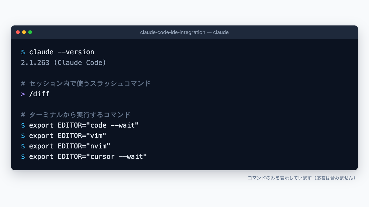ターミナル画面。スラッシュコマンド /diff と export EDITOR の各設定コマンド
