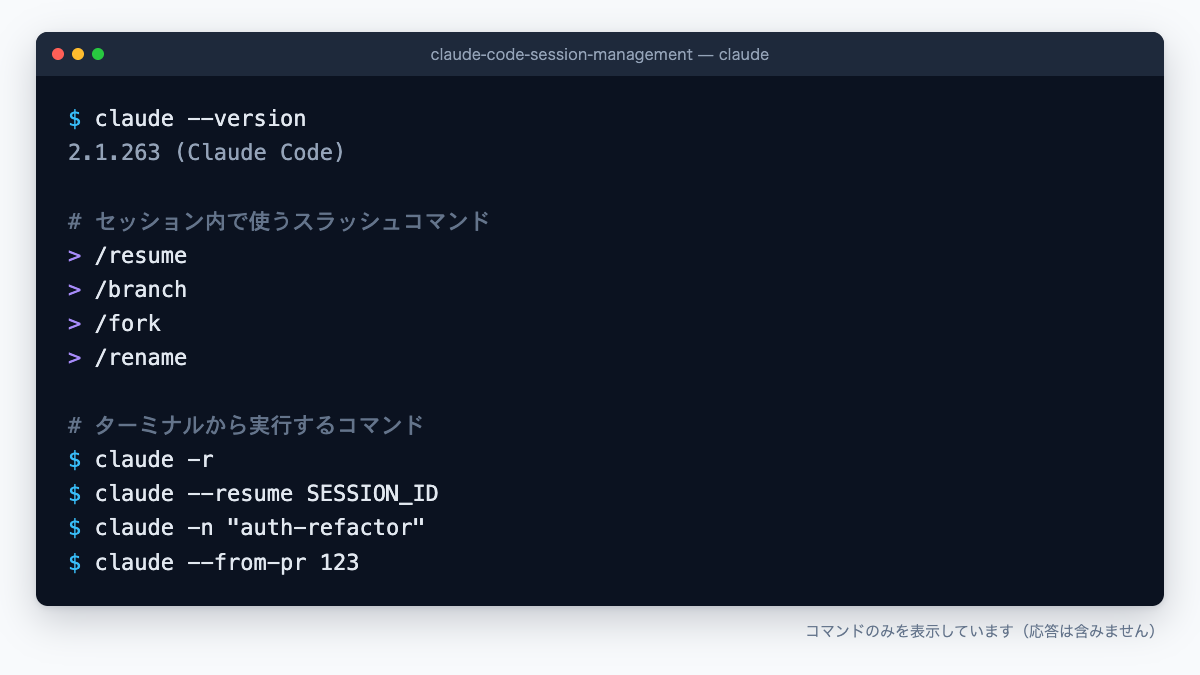 Claude Codeのセッション管理コマンドとフラグの一覧