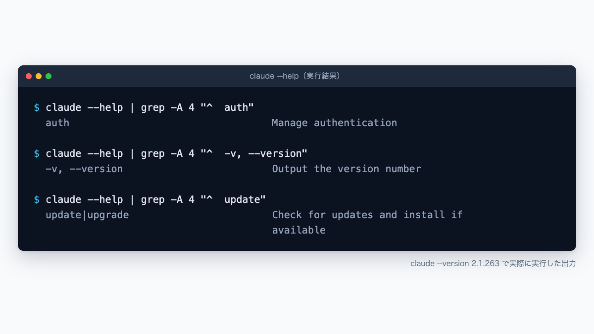 claude --helpのauth・--version・update関連の出力