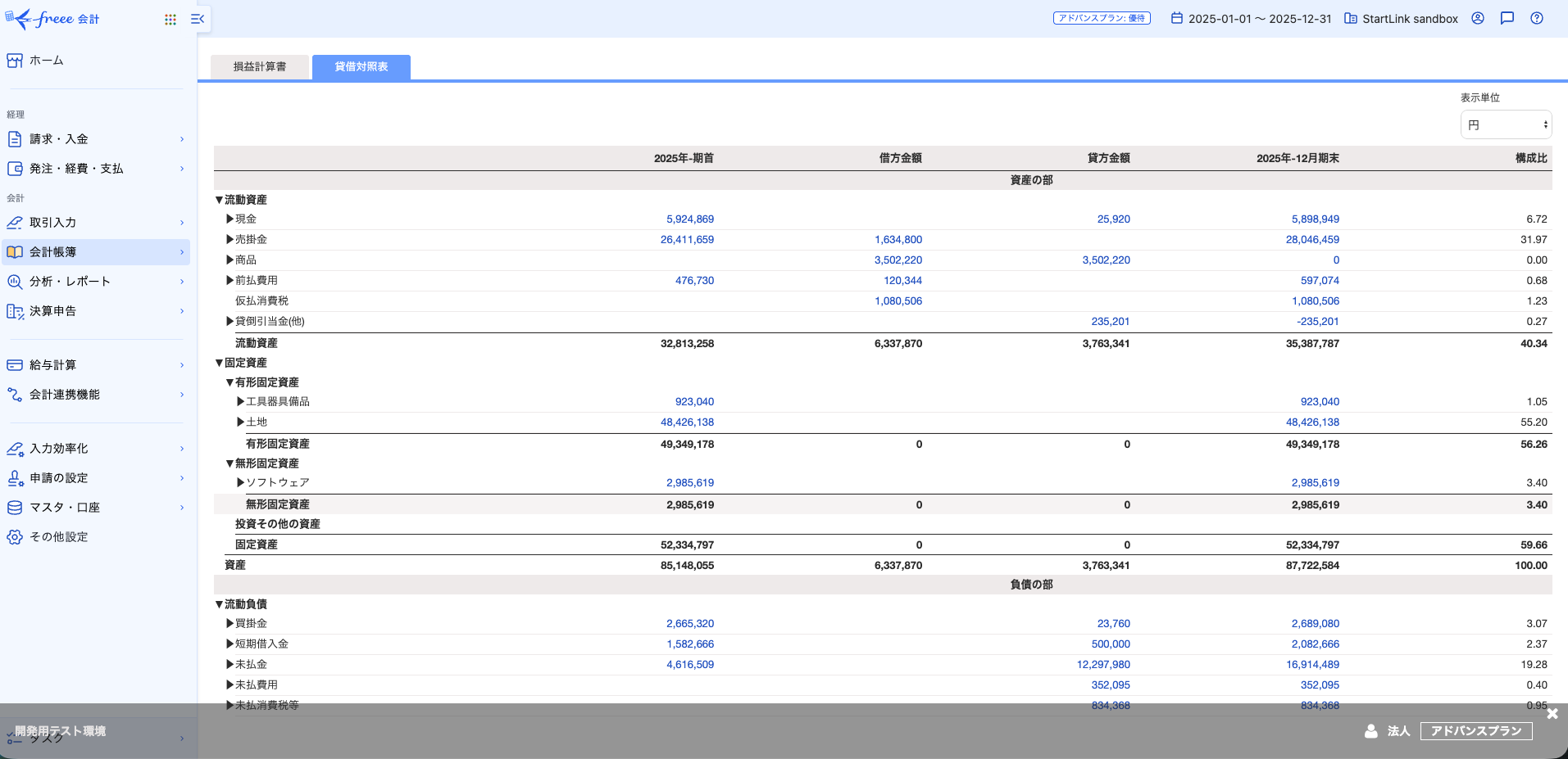 freeeの貸借対照表。資産の部・負債の部が科目ごとに集計されている。