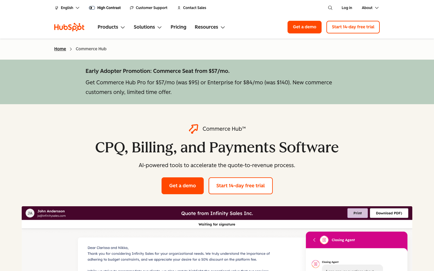 HubSpot Commerce Hub 製品ページ