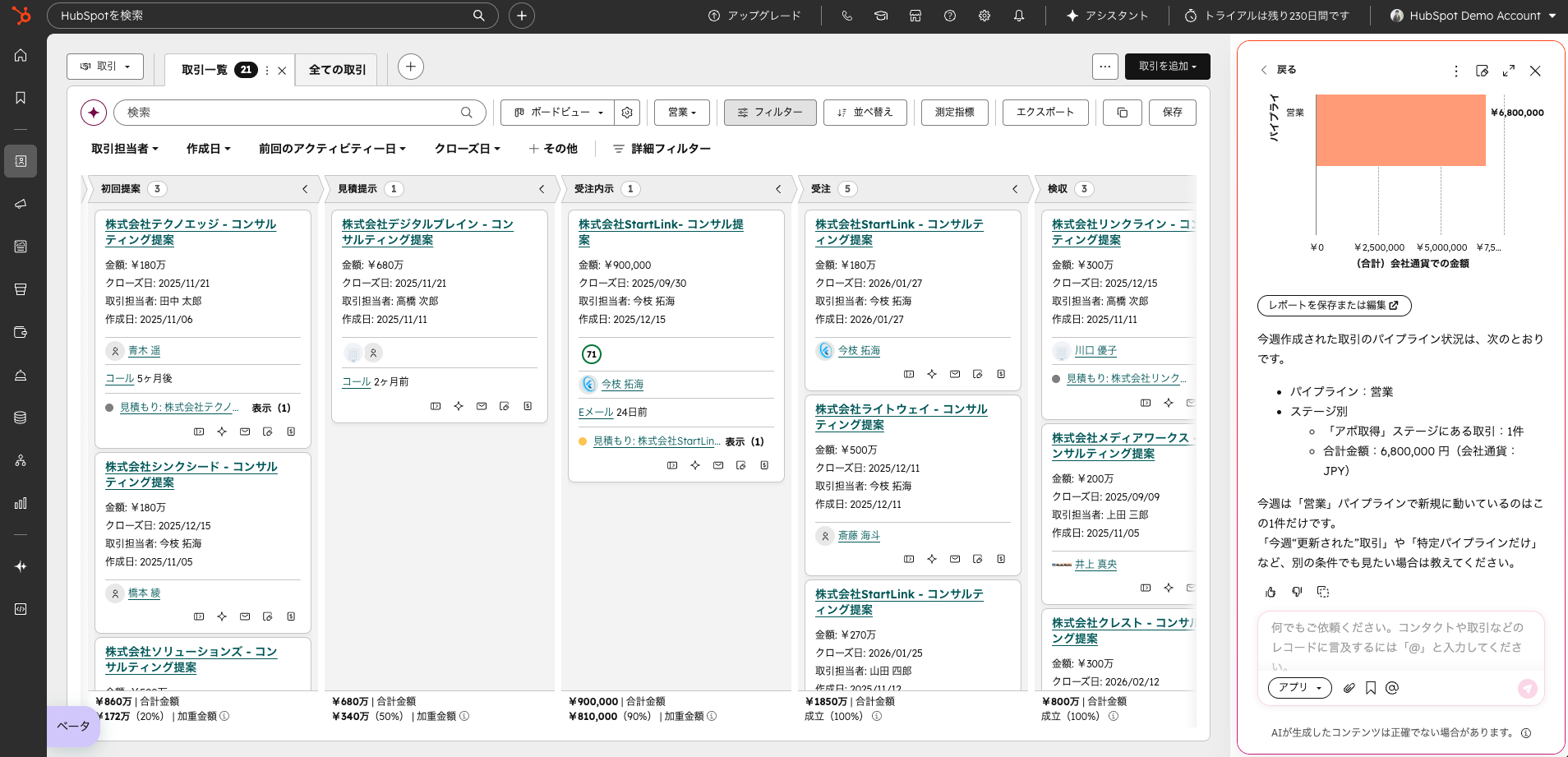 取引ボードビューの右側にBreezeのAIパネルが開き、パイプラインの状況を要約している画面。