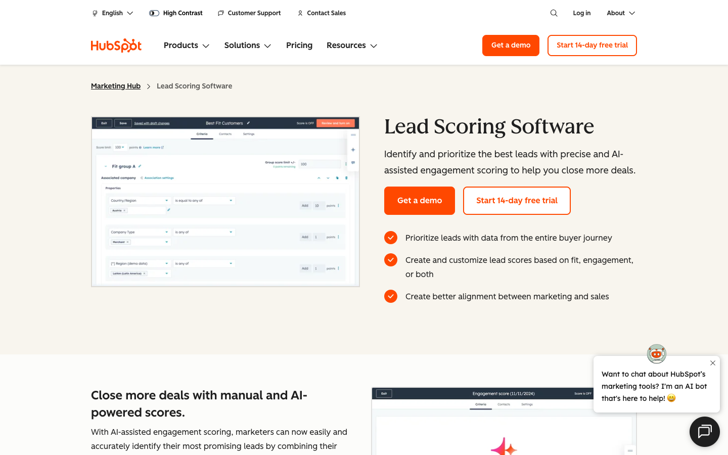 HubSpotリードスコアリング設定画面（スコアリング条件の定義）