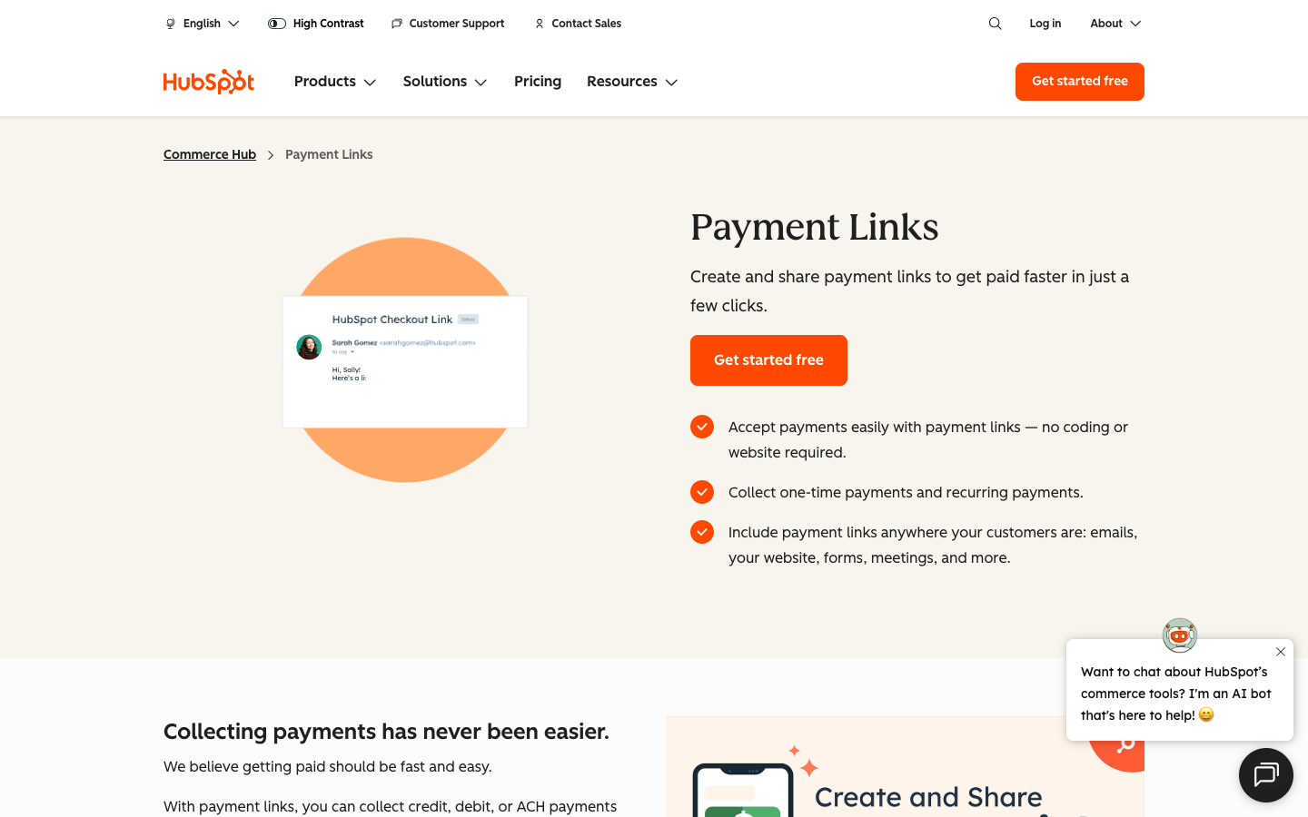 HubSpot Payment Links機能ページ