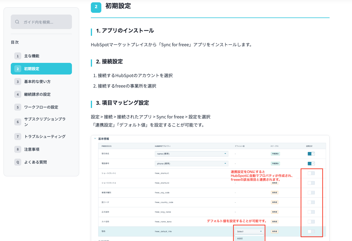 Webページとして公開した手順書。左に目次、右に手順と設定画面のキャプチャが並び、赤枠と赤字で注意点が示されている