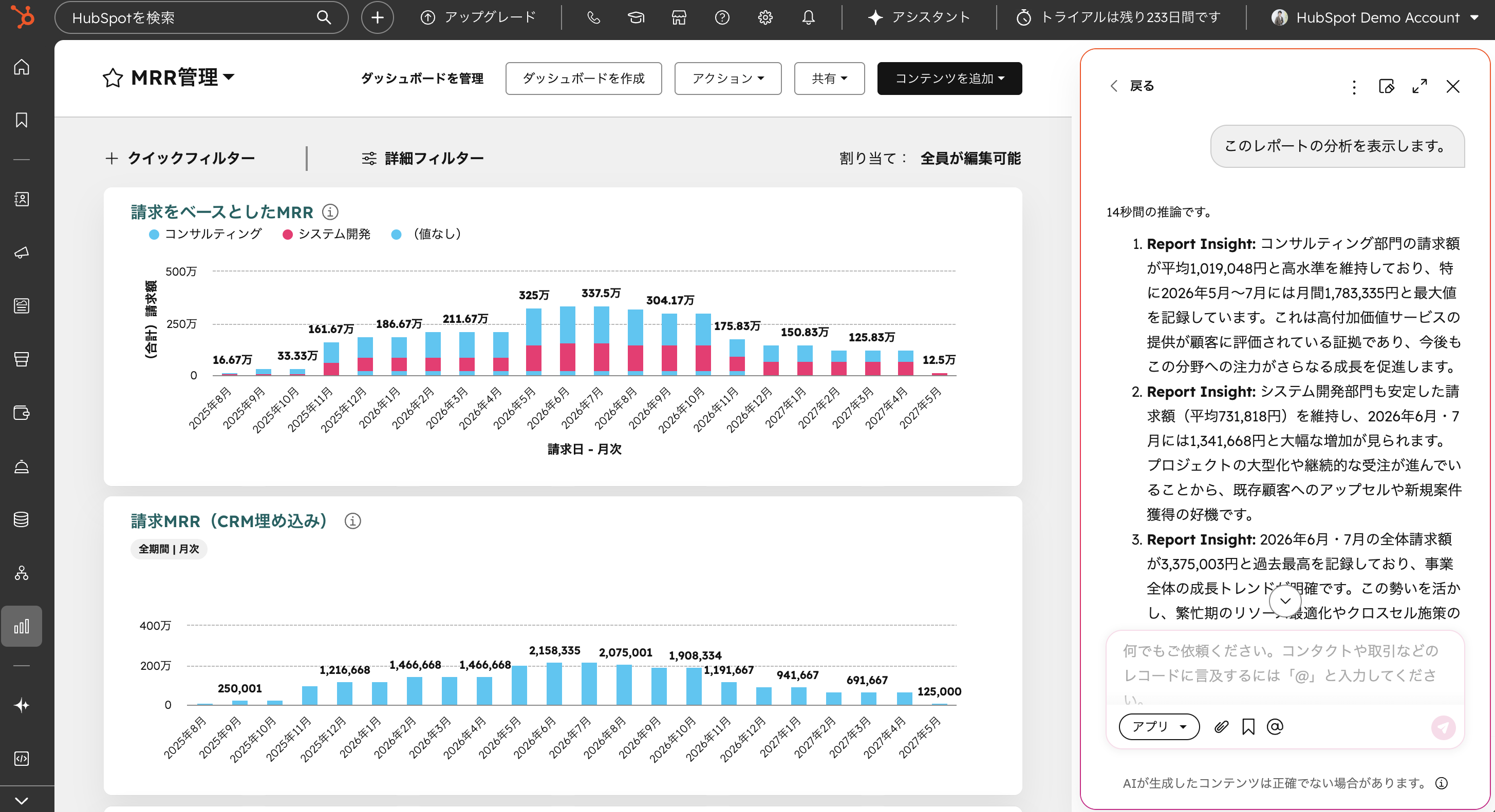 HubSpot AIレポートインサイト画面（Breezeによる分析コメント表示）