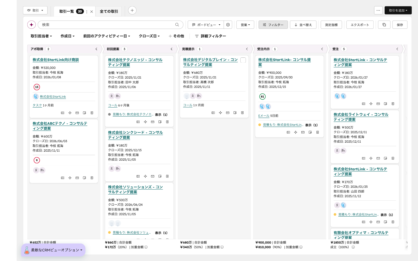 パイプライン設定（取引ボードビュー）（パイプライン管理画面の例：取引ボードとステージ設定）