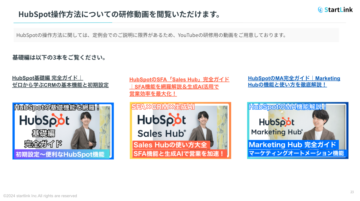 HubSpot解説動画3本のサムネイルを並べた画面。基礎編・Sales Hub・Marketing Hubがそれぞれ「完全ガイド」としてまとめられている