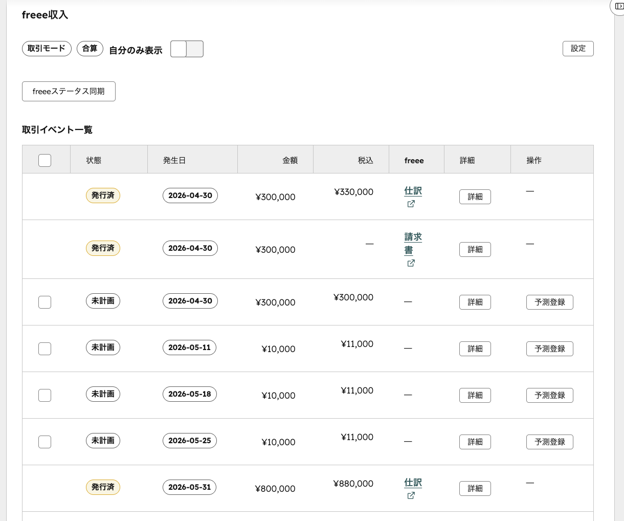 HubSpot上のfreee収入 取引イベント一覧。継続請求のスケジュールが並んでいる。