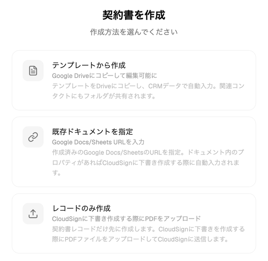 「契約書を作成」で作成方法を選ぶ画面。「テンプレートから作成」「既存ドキュメントを指定」「レコードのみ作成」の3つの選択肢が並んでいる