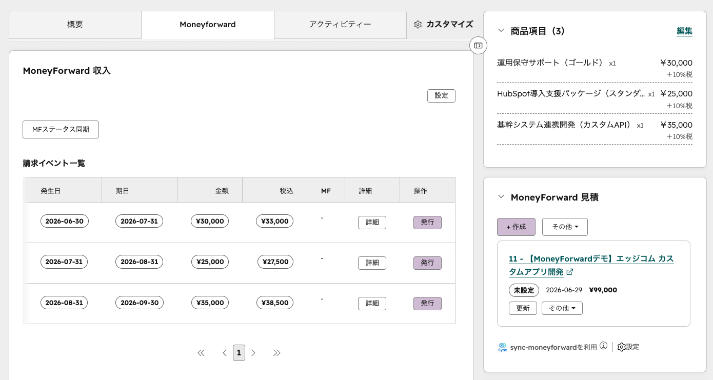 HubSpotの取引画面のMoney Forward 収入。月次の請求イベント一覧（発生日・期日・金額・税込）が並ぶ継続請求の実画面